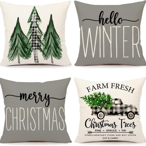 Gray Christmas Pillow Covers 18x18 Set of 4 Farmhouse Decorations Merry Tree Truck Hello Winter Holiday Decor Throw Cushion Case for Home Couch S22C19