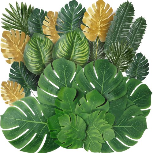 82 Pieces 8 Kinds Artificial Tropical Palm Leaves Tropical Leaves Monstera Leaves Safari Jungle Leaf with Stems for Hawaiian Luau Party Beach Table Wedding Shower Birthday Theme Decorations