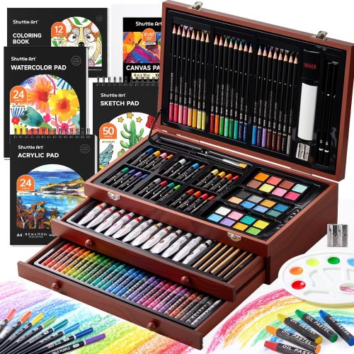 Deluxe Gift Art Kit, 202-Piece Wooden Art Supplies Set with 4 Drawing Pads, Canvases, Coloring Sheets, Acrylic Paint, Crayons, Oil Pastels, Colored Pencils for Kids