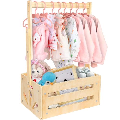 Wooden Baby Shower Crate, Baby Shower Basket With Adjustable Hanger Rack, Storage Crate Hamper, Pregnancy Gift for New Parents, Personalized Baby Gifts Basket (Natural)