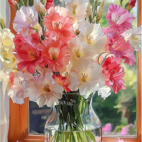 Lxmsja Gladiolus Flowers Diamond Art Kits for Adults, Windowsill Diamond Painting Kits for Beginners, 5D DIY Full Drill Gem Art Crafts for Adults, Home Wall Decor 12x16 inch