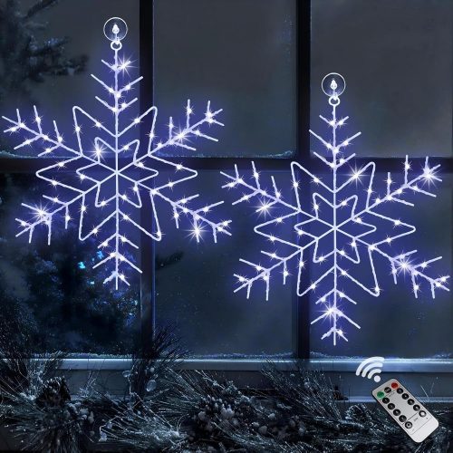 1 Christmas Snowflake Window Lights Decorations, 14" 63 LED 8 Lighting Modes Cool White Snowflake Light with Remote Control Timer, USB Powered Christmas Silhouette Window Lights for Home Xmas Decor