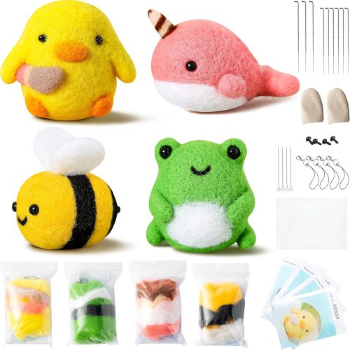 1 WATINC Set of 4 Cute Animal Needle Felting Starter Kit Frog Chick Bee Narwhal Animal Doll Wool Felting Tools Felt Needles Foam Mat DIY Needlework Craft Party Supplies for Beginners Adults Kids