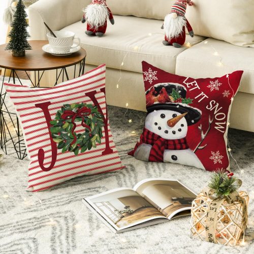 AVOIN colorlife Merry Christmas Let It Snow Joy Stripes Gift Box Red Throw Pillow Covers, 18 x 18 Inch Xmas Tree Holiday Cushion Case Decoration for Sofa Couch Set of 4