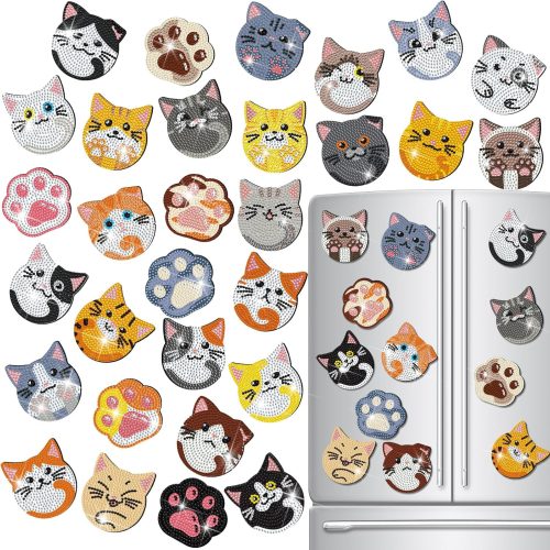 Frienda 30 Pcs Diamond Painting Refrigerator Magnets Spring Diamond Art Magnet Kits for Adults Summer Mandala Flower Cat Fridge Stickers for Beginners Adults Kids DIY Craft Gifts Home Decors(Cat)