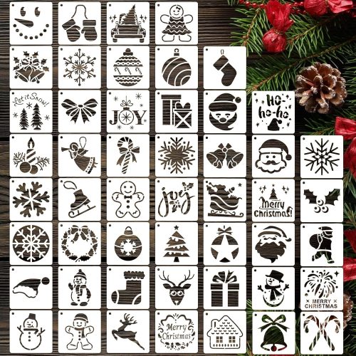 50 PCS Christmas Painting Stencils Reusable Christmas Stencils for Painting on Wood Rocks Canvas Fabric Glass Pottery 4x4 Inch