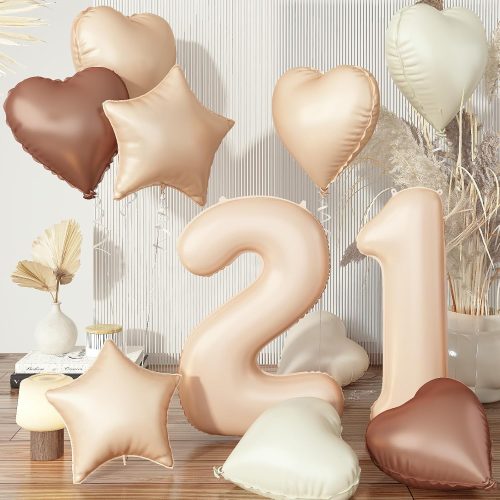 Beige 21 Balloons, Nude Brown Taupe Number 21 Foil Balloon with Sand Cream White Neutral Tan Helium Heart Star Boho Balloons Set for Women Men 21st Birthday Wedding Anniversary Party Decoration