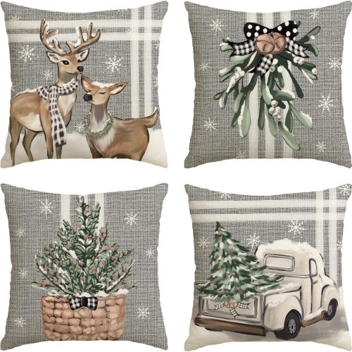 AVOIN colorlife Christmas Tree Reindeer Truck Stripes Gray Throw Pillow Covers, 18 x 18 Inch Winter Holiday Cushion Case Decoration for Sofa Couch Set of 4