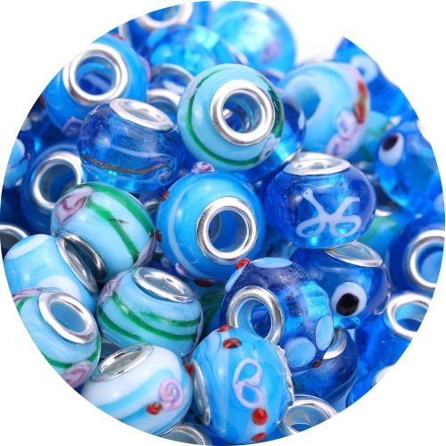 AIPRIDY 50Pcs 15x11mm Murano Large Hole Glass Beads with Silver Brass Cores European Beads for Jewelry Making (Aqua)