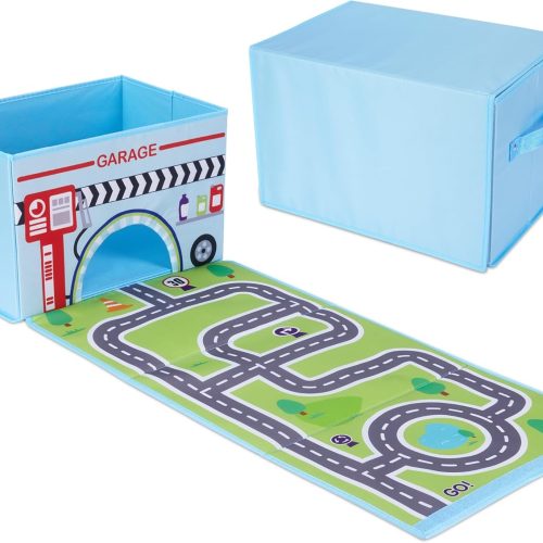 SAM AND MABEL Toy Cars Garage Box – Toy Storage Box with Car Rug Play Mat, Collabsible Storage Organizer for Boys and Girls (GoGarage)