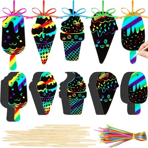 100 Pcs Ice Cream Scratch Cards Rainbow Color Scratch Ornaments Summer Scratch Paper Crafts Kits with Sticks and Ribbon for Birthday Party Favors DIY Hanging Decorations