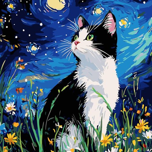 Paint by Numbers Kit for Adults,Cat Color by Numbers for Adults,DIY Acrylic Watercolor Oil Painting,Starry Night Cat Number Painting Suitable for Home Wall Decoration (16x20 in)