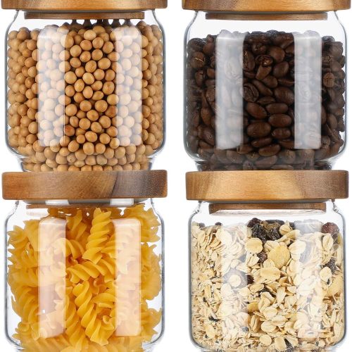 Glass Storage Containers Set of 4, 15 FL OZ High Borosilicate Glass Jars Kitchen Food Canisters with Acacia Wood Lids for Coffee Beans/Sugar/Tea/Nuts