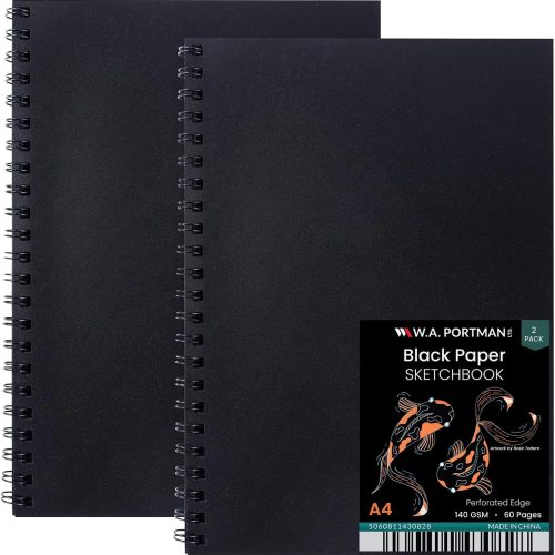 WA Portman Black Paper Sketchbook 2-Pack A4 (8.3" x 11.7") – 140 GSM Acid-Free Black Book Marker Paper – 60 Pages (30 Sheets) Spiral Scrapbook Journal – Mixed Media Sketch Pad for Kids & Adults