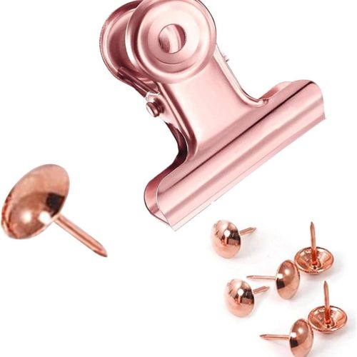 20 Pack Bulldog Clips with Push-pins for Corkboard,Metal Clips for Crafts, Metal Binder Clips for Pictures, Spring Paper Clamps for Office Documents (Rose Gold,1.2inch)