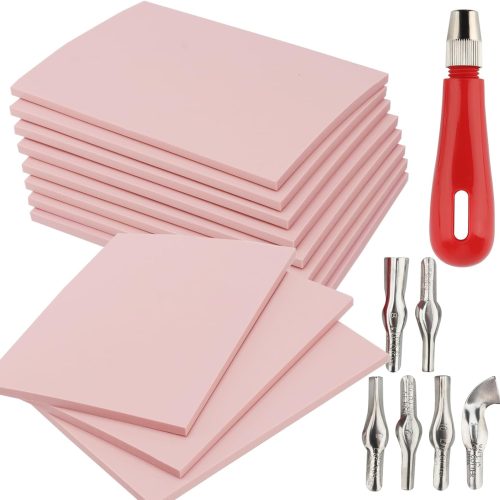 1 12 Pcs 4" x 6" Pink Rubber Carving Blocks, Soft Rubber Crafts Rubber Stamping Blanks with Carving Tools, Linoleum Blocks for Printmaking