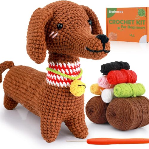 1 Animal Crochet Kit for Beginners: Learn to Crocheting Cute Amigurumi Starter Kit with Written & Video Tutorials - Adults & Kids Crochet Dog Supplies Kit (Dachshund)