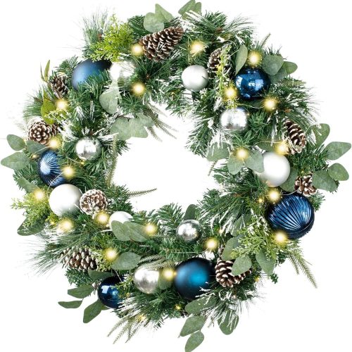1 Pre-Lit 30 Inch Large Christmas Wreath for Front Door with 50 Led Lights, Silver Blue Lighted Christmas Door Wreath Decor with Ball Ornaments,Pine Cones, Battery Operated