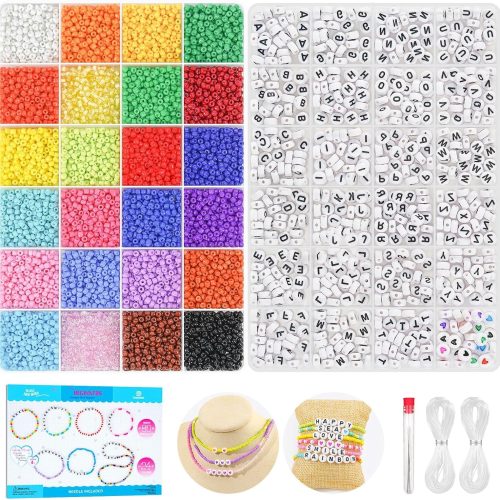 1 Friendship Bracelet Kit, 10000 Pcs 3mm Glass Seed Beads for Bracelets Making Kit with Letter Alphabet Beads A-Z, 8/0 Craft Bead for Jewelry Making Necklaces and Key Chains with Needle Cord