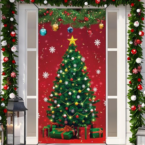 1 Christmas Front Door Cover Xmas Tree Door Cover Banner Merry Christmas Door Hanging Backdrop Decorations for Home Indoor Outdoor Winter Holiday Party Decor, 70.9 x 35.4 Inch