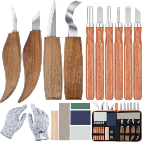 1 17Pcs Wood Carving Tools Kit - Beginner's Wood Whittling Set with 6Pcs Carbon Steel Knife, Gloves, Knife Sharpener for Spoon, Bowl, Kuksa Cup