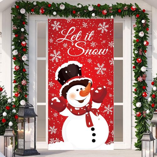 1 Christmas Snowman Door Cover Winter Let It Snow Doors Banner Christmas Front Door Porch Banner Snowman Photography Backdrop Sign for Xmas New Year Winter Holiday Home Party Decor
