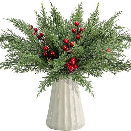 1 60 Pcs/Set Christmas 3D Artificial Pine Branches- 12.5 Inch Faux Evergreen Cedar Sprigs Branches- Fake Foliage Pine Needles Picks with Artificial Red Berry Stems for DIY Christmas Decoration