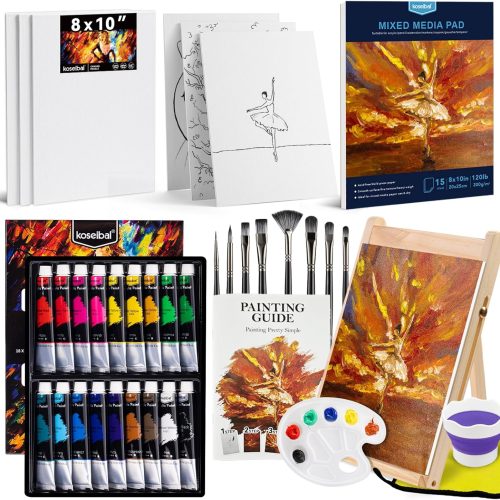 1 Acrylic Art Set with 18 Acrylic Paints, 8 Brushes, 4 Stretched Canvas, 1Wooden Easel, Etc, Premium Painting Supplies Kit for Students, Artists Kids, Adults, and Beginner