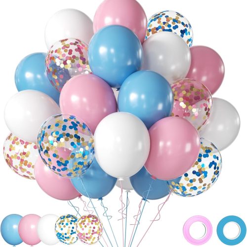Pink and Blue Latex Balloons, 12 inch Blue Pink White Confetti Party Balloons For Birthday Party Decorations