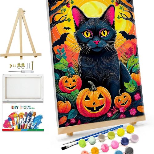 Paint by Numbers Kit for Adults with Frame Halloween Paint by Number with Easel Black Cat Adult Paint by Number Kits DIY Starry Night Oil Painting Kits for Gift Home Wall Decor 8x12 Inch