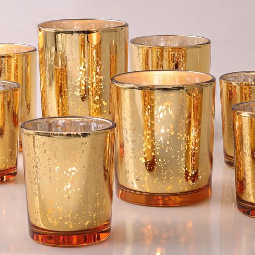 12pcs Assorted Gold Votive Candle Holders, Large Speckles Mercury Glass Votive & Tealight Candle Holder Bulk for Wedding Table Centerpiece, Gold Themed Party Decorations and Home Decor