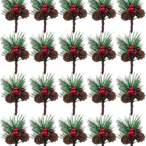 20PCS Artificial Pine Picks Small Pine Tree Plants Red Pinecones for Christmas Flower Arrangements Wreaths and Holiday Decorations