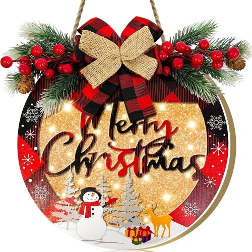 [Prelit & Timer] Merry Christmas Wreaths for Front Door with Lights Buffalo Plaid Bow Berried Snowman Chrismas Welcome Wooden Wreaths Sign Xmas Decor for Winter Farmhouse Home Door Window Wall Porch