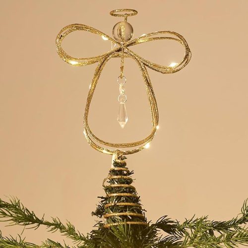Lighted Christmas Tree Topper Angel with Timer, 10 Inch Pre-Lit Gold Metal Small Angel Tree Topper with Lights for Christmas Tree Decoration Indoor, Battery Operated, Valentines Gifts