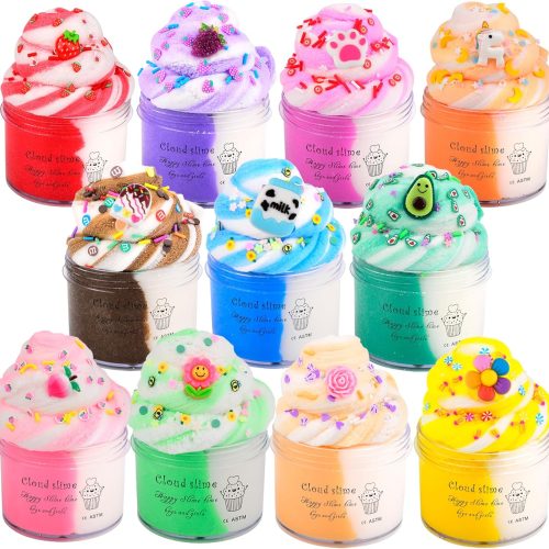 Cloud Slime Kit 11 Pack, Dual Color Slime Set with Cute Peach Sunflower and Unicorn Charms, Stress Relief Toys Cool Birthday Gifts Ideas for Girls and Boys, Party Favors for Kids