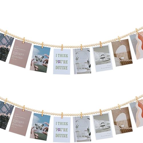 2Pcs Hanging Photo Display with Clips, Boho Wooden Bead Garland Collage Picture Frame Wall Decor, Photo String with 10 Clips for Bedroom Room Dorm Cubicle Decor, Christmas Teen Girls Gifts