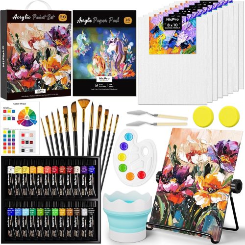 68PCS Acrylic Paint Canvas Set for Adults, Art Painting Supplies Kit with 24 Acrylic Paints,Table Easel,8 Canvas Panels,12 Brushes,Paper Pad,Cleaning Cup, Sponge, Palette for Beginner Artist