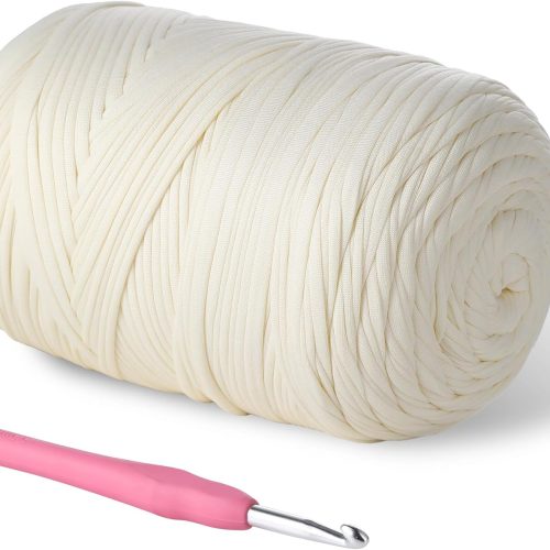 800G（228YDS） T-Shirt Yarn, Elastic Fabric Crochet Cloth T- Shirt Yarn, Thick Hand Knitting Yarns for Crocheting Bags/Rugs/Baskets/Craft Project/Home Decor, DIY Crafts (Modern, Milky White)