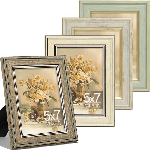 Vittanly 5x7 Picture Frame Set of 4, Vintage Photo Frame for Wall or Tabletop, Display 5x7 Pictures, Rustic Farmhouse Home Decor, Multicolour