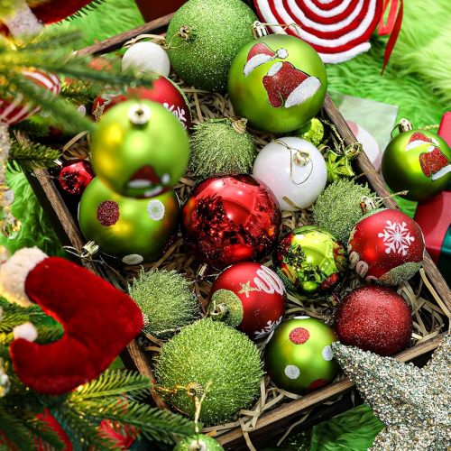 3 34 Pcs Christmas Ball Ornaments, Lime Green, Red and White Christmas Tree Decorations Set, Shatterproof Hanging Xmas Ornaments for Office Holiday Home with 7 Styles in 3 Sizes(Small Medium Large)