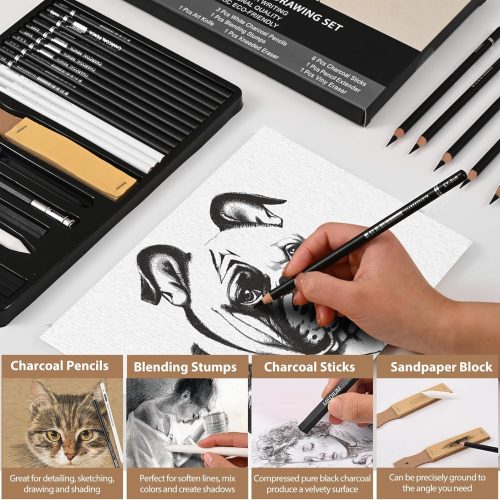 4 27 Piece Charcoal Drawing Set - Professional Black & White Charcoal Pencils for Sketching, Shading & Blending, Graphite Sticks with Artist Art Supplies Kit (Beginners & Professionals)