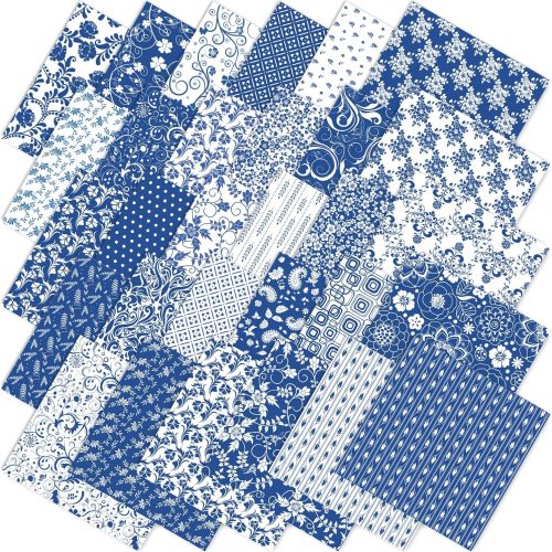 60Pcs Flower Cotton Fabric Bundles Blue White Floral Fabric Squares Chinoiserie Flower Mini Sewing Fabrics for DIY Handmade Crafting Party Decor, 5 x 5 Inch