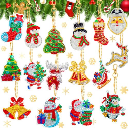 81UVHhDfR-L._AC_SL1500_ WILLBOND 16 Pieces Christmas Diamond Key Chain Kits Double Sided Diamond Art Keychain Bulk Diamond Christmas Ornament 5D Diamond DIY Painting Key Ring Pendant Christmas Tree for DIY Christmas Decor