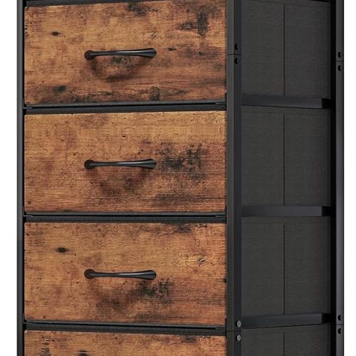 1 Tall Dresser for Bedroom, Storage Dresser Organizer with 7 Fabric Drawers, Nightstand Furniture in Closet, Entryway, Hallway, Rustic Brown Wood Grain Print