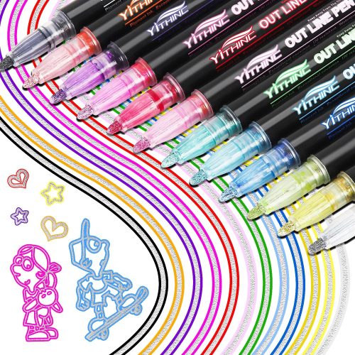 1 Outline Shimmer Markers, Tween Teen Girl Gifts Trendy Stuff, 12 Glitter Metallic Gel Pens Coloring, Arts and Crafts Drawing Supplies Kits Birthday Gift for Kids Girls Ages 4, 6, 8, 10, 12 Year Old