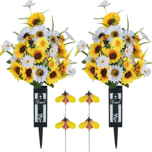 1 Artificial Cemetery Flowers for Grave: 2 Pcs Yellow White Sunflower Grave Flower Bouquets for Cemetery Decorations - Spring Outdoor Gravesite Flowers with Vase