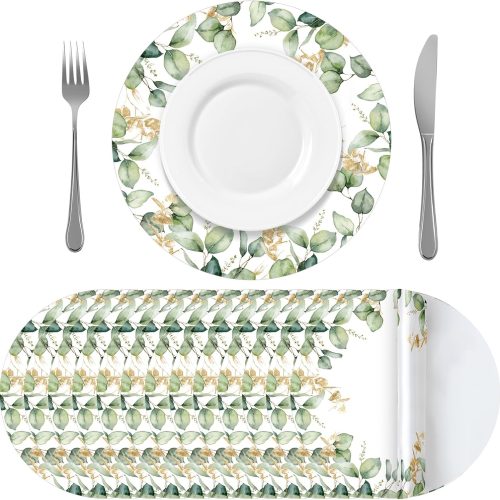 1 100 Pack Round Paper Placemats Eucalyptus Leaves Wedding Paper Mats 12 Inch Sage Green Summer Disposable Round Table Mats for Dining Table Kitchen Rustic Wedding Baby Shower Birthday Party Supplies
