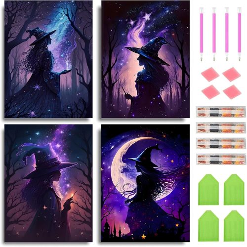 1 Witch Diamond Painting Kits for Adults, 4 pcs Retro Witch Diamond Painting Art Kits DIY Full Drill Diamond Painting Halloween Round Diamond Art Kits Diamond Painting Crafts for Decor 30x40cm