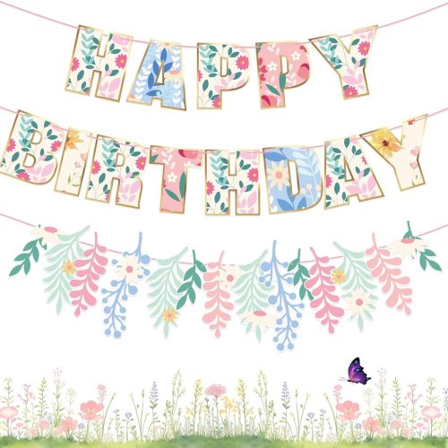 1 3PCS Wildflower Happy Birthday Banner - Floral Theme - Girls & Women - Indoor/Outdoor