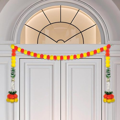 1 Diwali Marigold Garland with Bells Leaves for Home Decoration, Long Strands for Pooja Decoration Indian Wedding, Artificial Marigold Flowers Hanging for Thanksgiving New Year Christmas Party Decor
